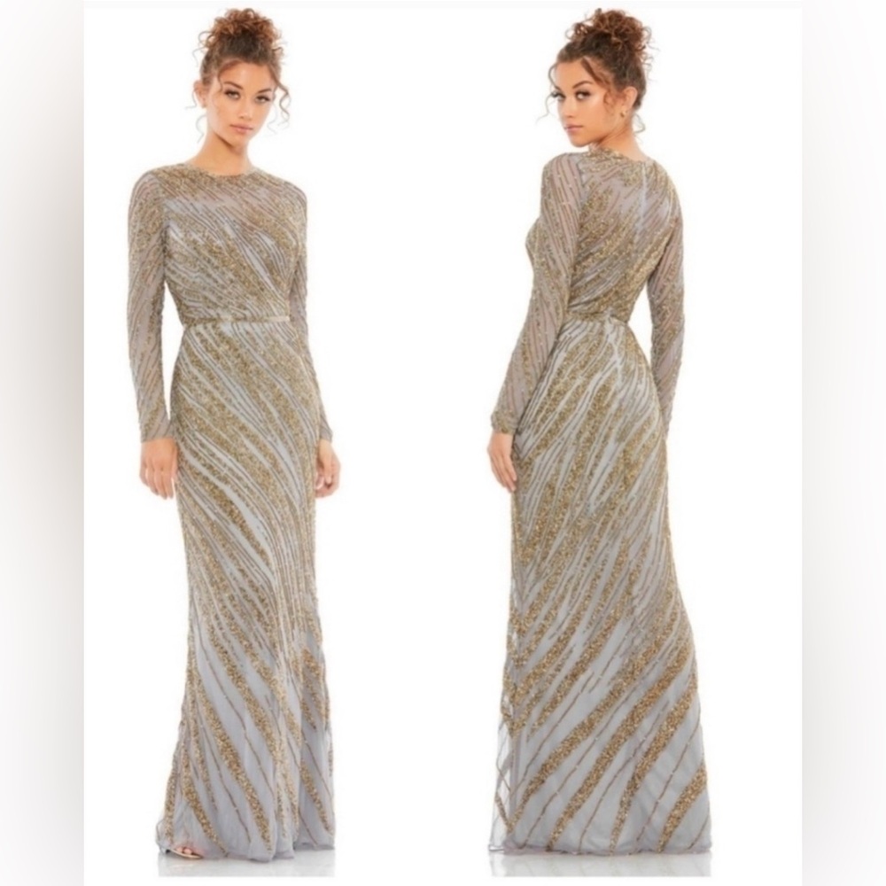 Mac Duggal Silver and Gold Beaded Long Sleeve Evening Gown